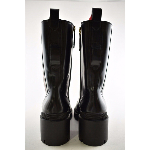 Gucci Trip Black Leather Red Green Web Stripe Mid Calf Block Heel Combat Boot 35 - Picture 11 of 12